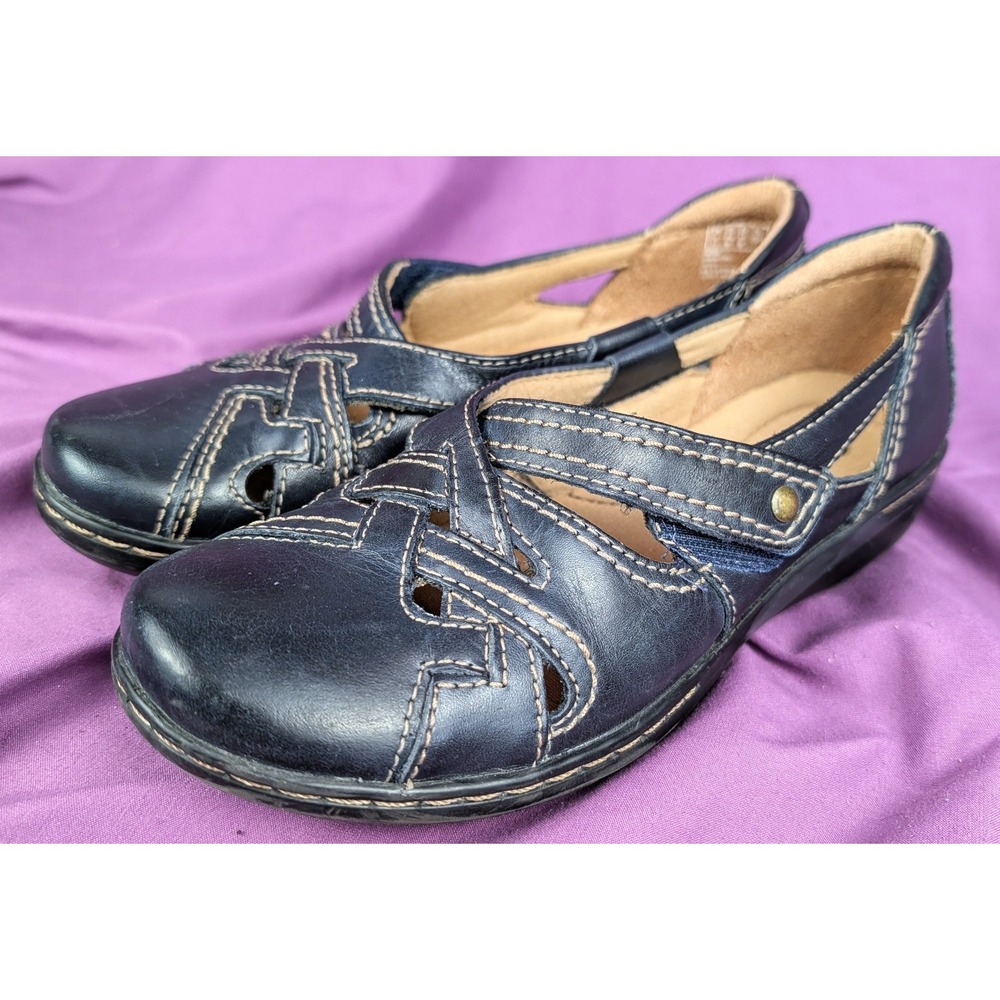 Clarks Ashland Spin QFlats Womens Size 6.5M Navy Leather Criss-Cross Mary Janes